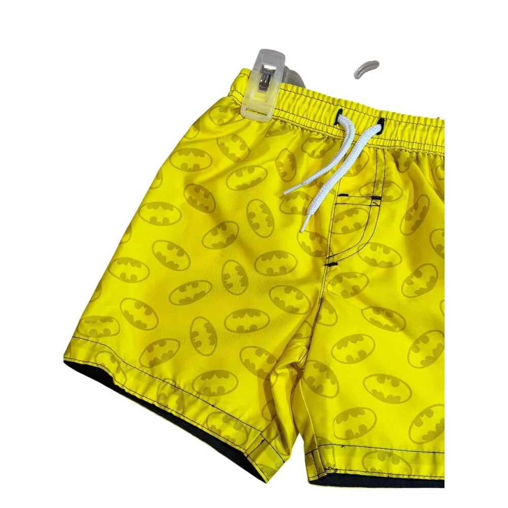 NWT Batman Elastic Toddler‎ Swim Trunks Yellow All Over Logo Print Drawstring 2T